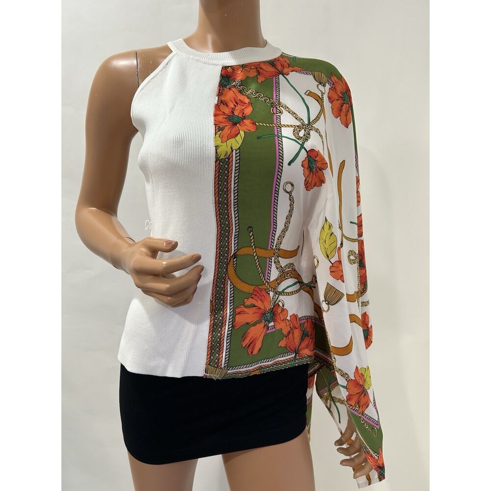 Asymmetrical Top White Knit With Printed Satin 7th avenue design studio XS